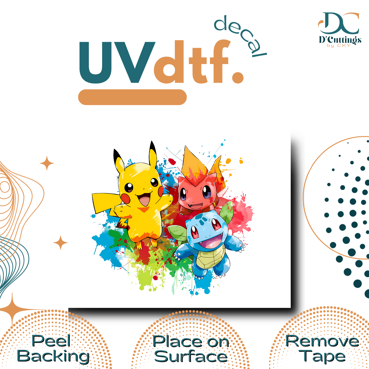 Pikachu, Charmander & Burbasaur - UV DTF Decal